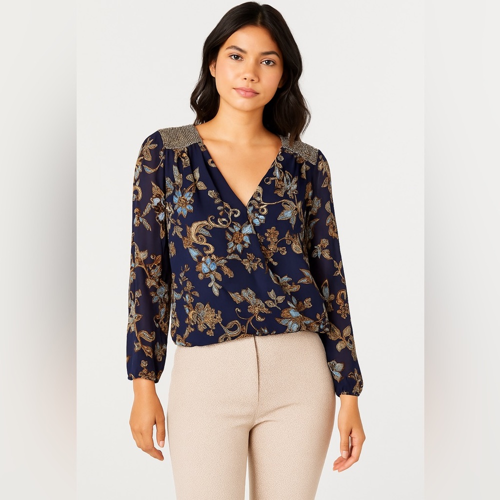 Floral Navy Blouse with Gold Accents